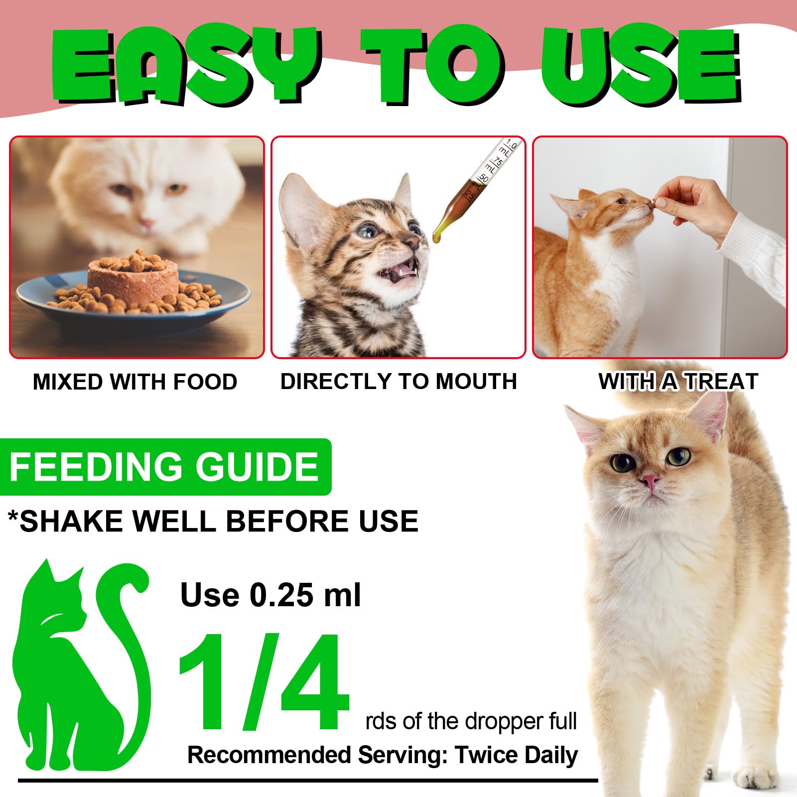 Drops mixed into cat food for convenience.
