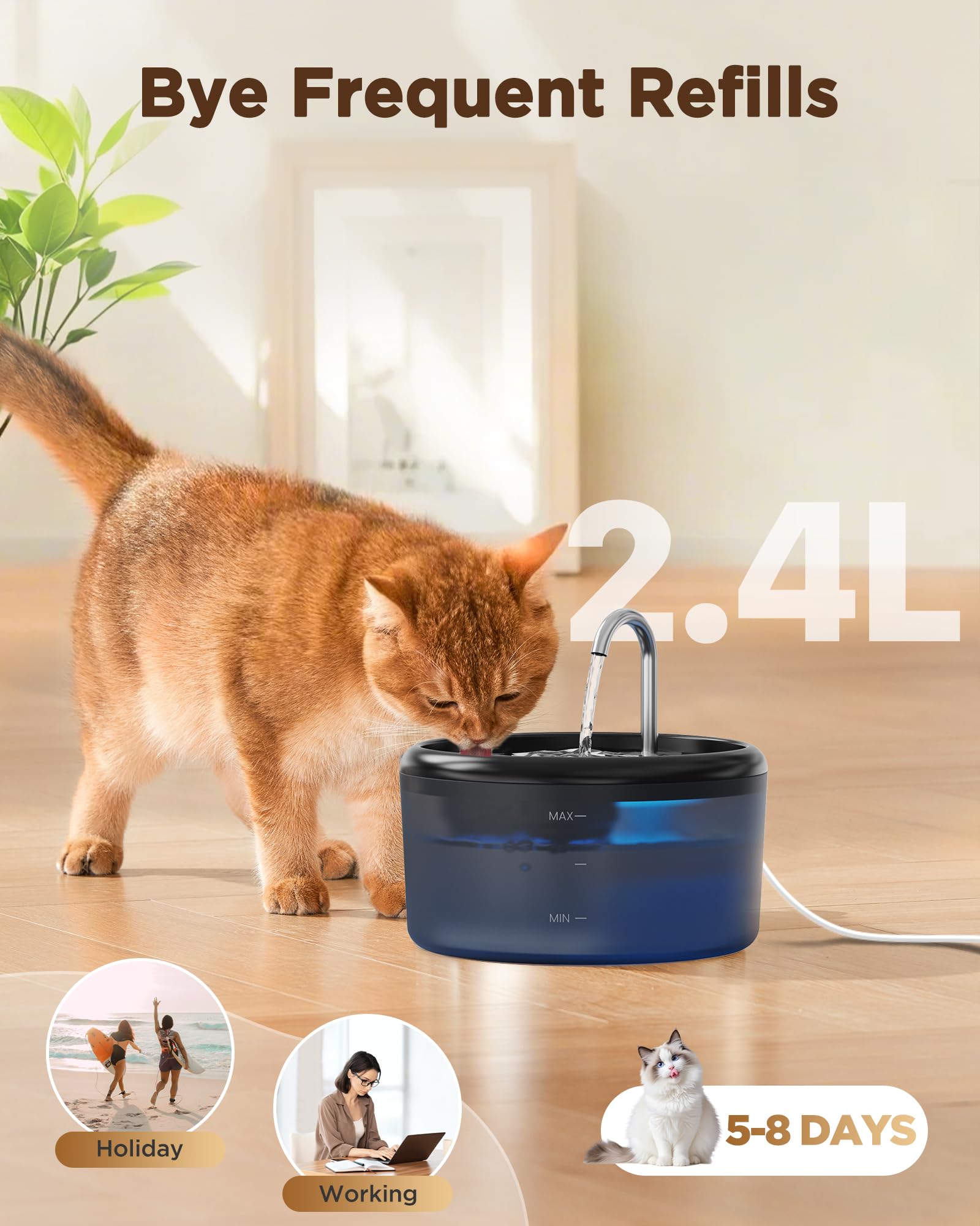VOUAAOOD cat water fountain quiet pump ensures peaceful drinking at home