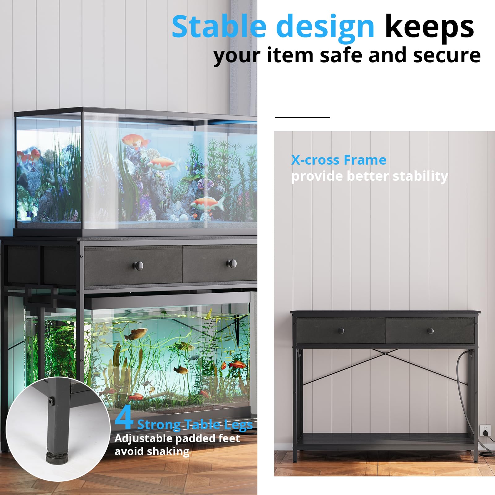 VOWNER adjustable feet keep the stand stable on uneven floors.