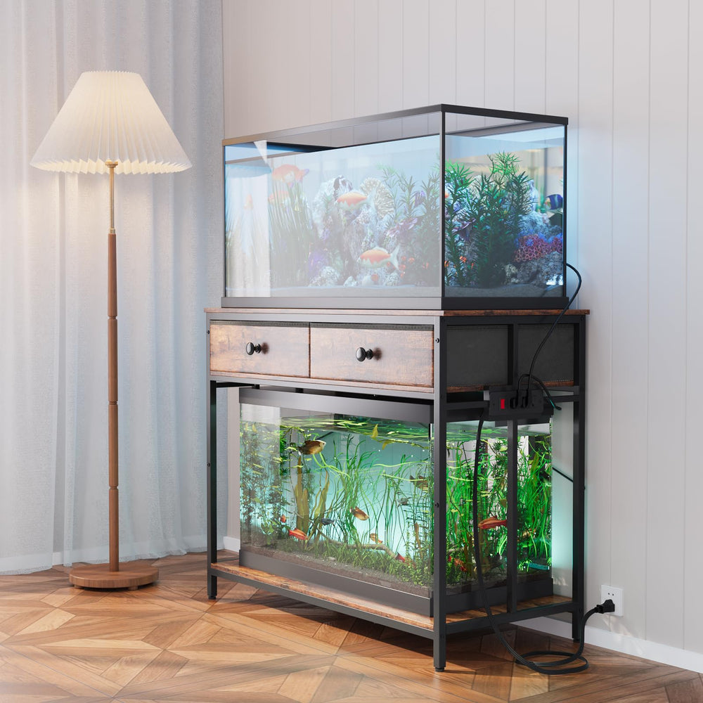 Assembly instructions for VOWNER aquarium stand with labeled parts