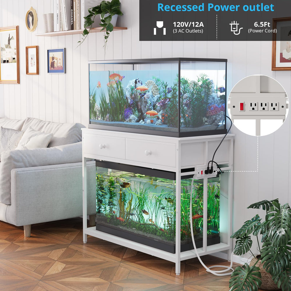 VOWNER stand with drawers highlighting accessible storage for fish food and tools.