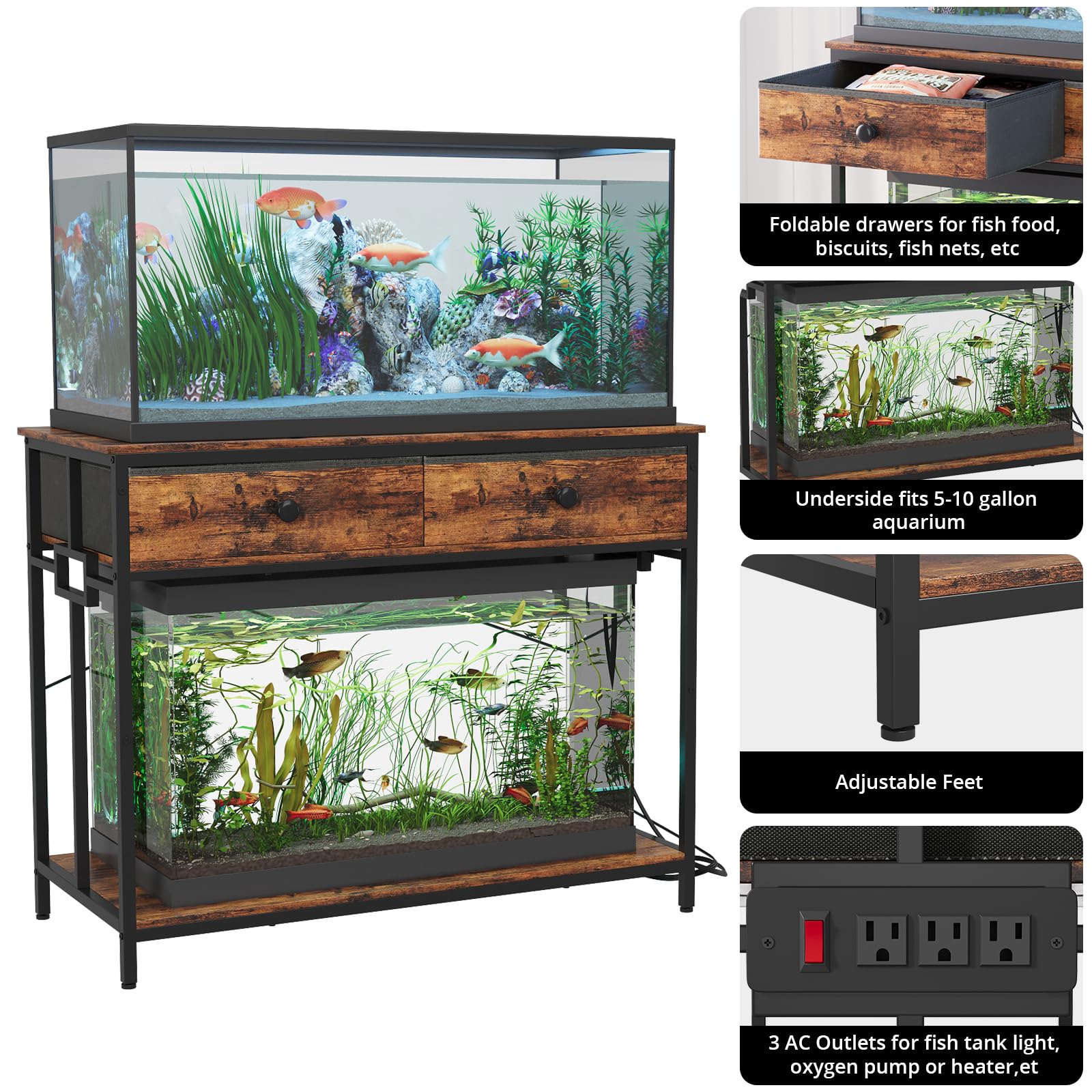 Brown finish of VOWNER stand blending with home decor and tanks