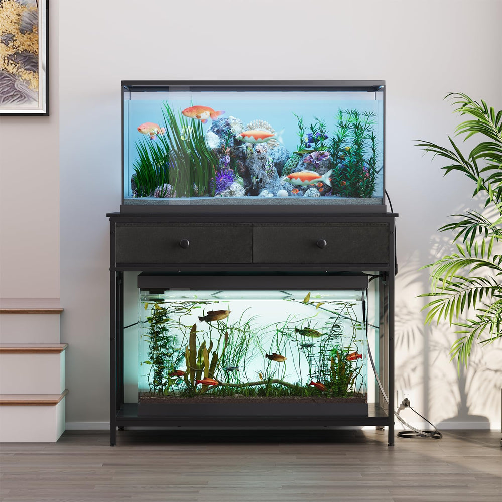 VOWNER double-tank stand setup hosting a 40-gallon aquarium and reptile tank.