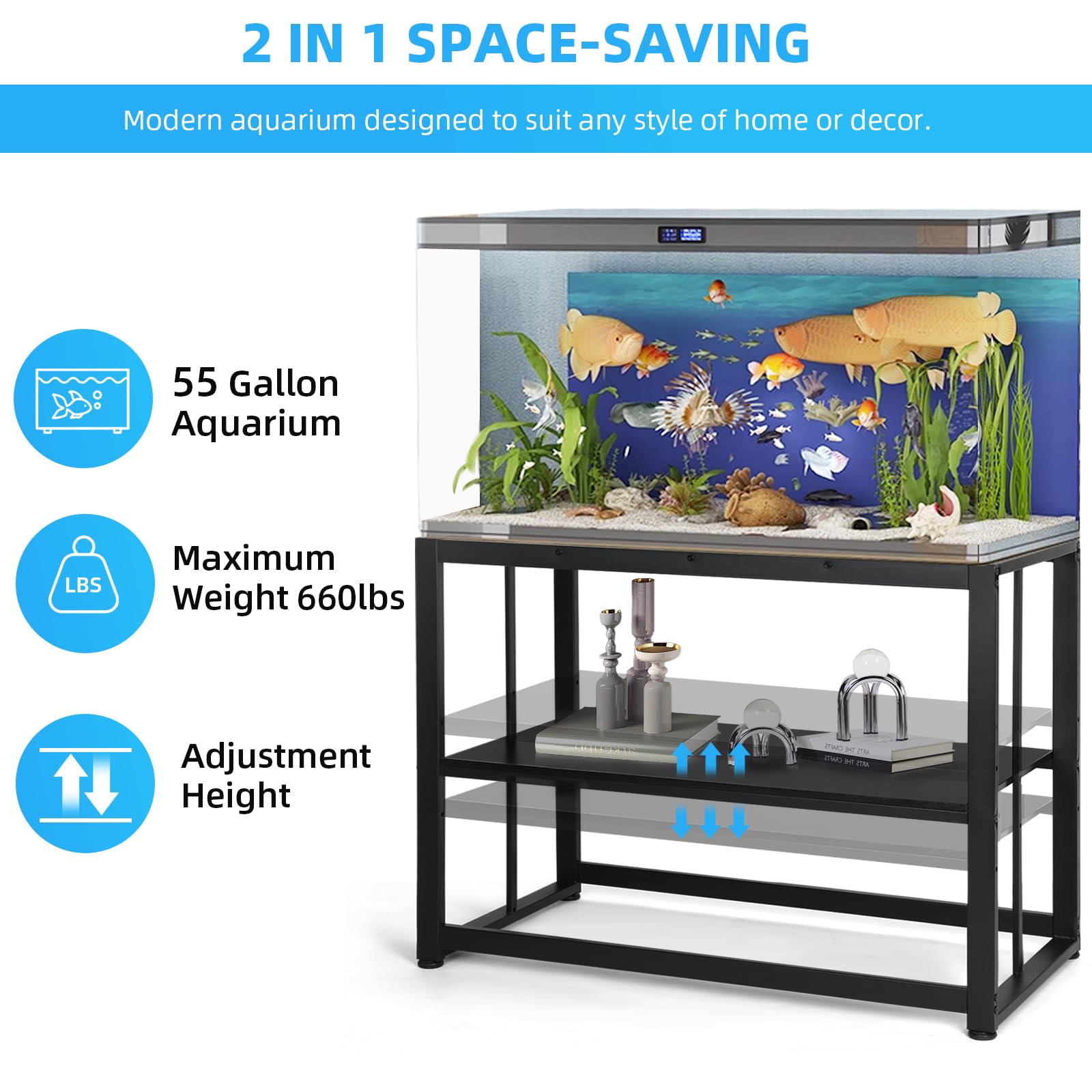 Dimensions image shows the 48.5 inch length for tank compatibility.