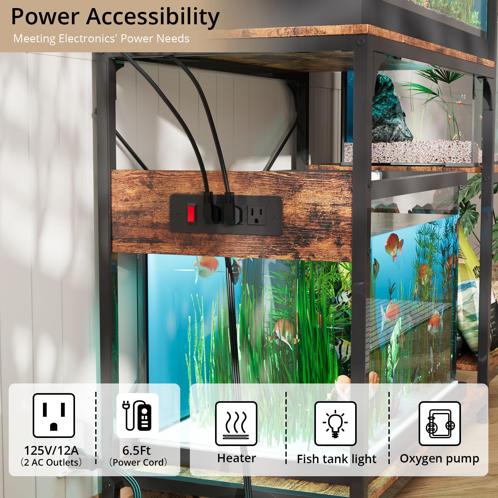 VOWNER stand illustrating reversible side shelves for flexible setup.