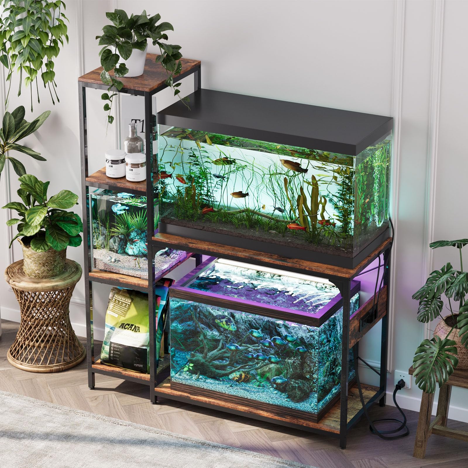 VOWNER stand with side storage shelves for accessories and decor.
