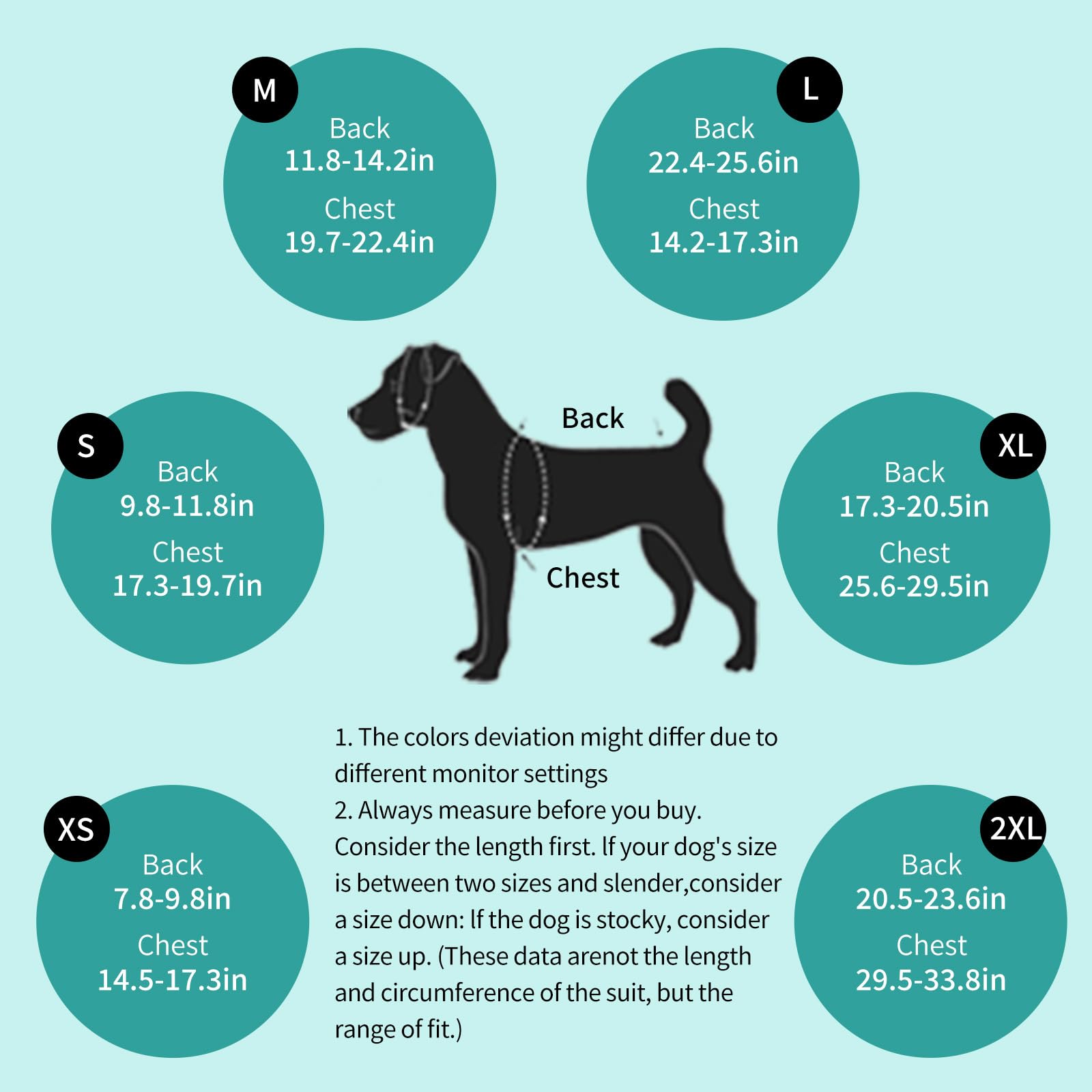 V.PET.B.R dog recovery suit with clear size chart for precise fit.