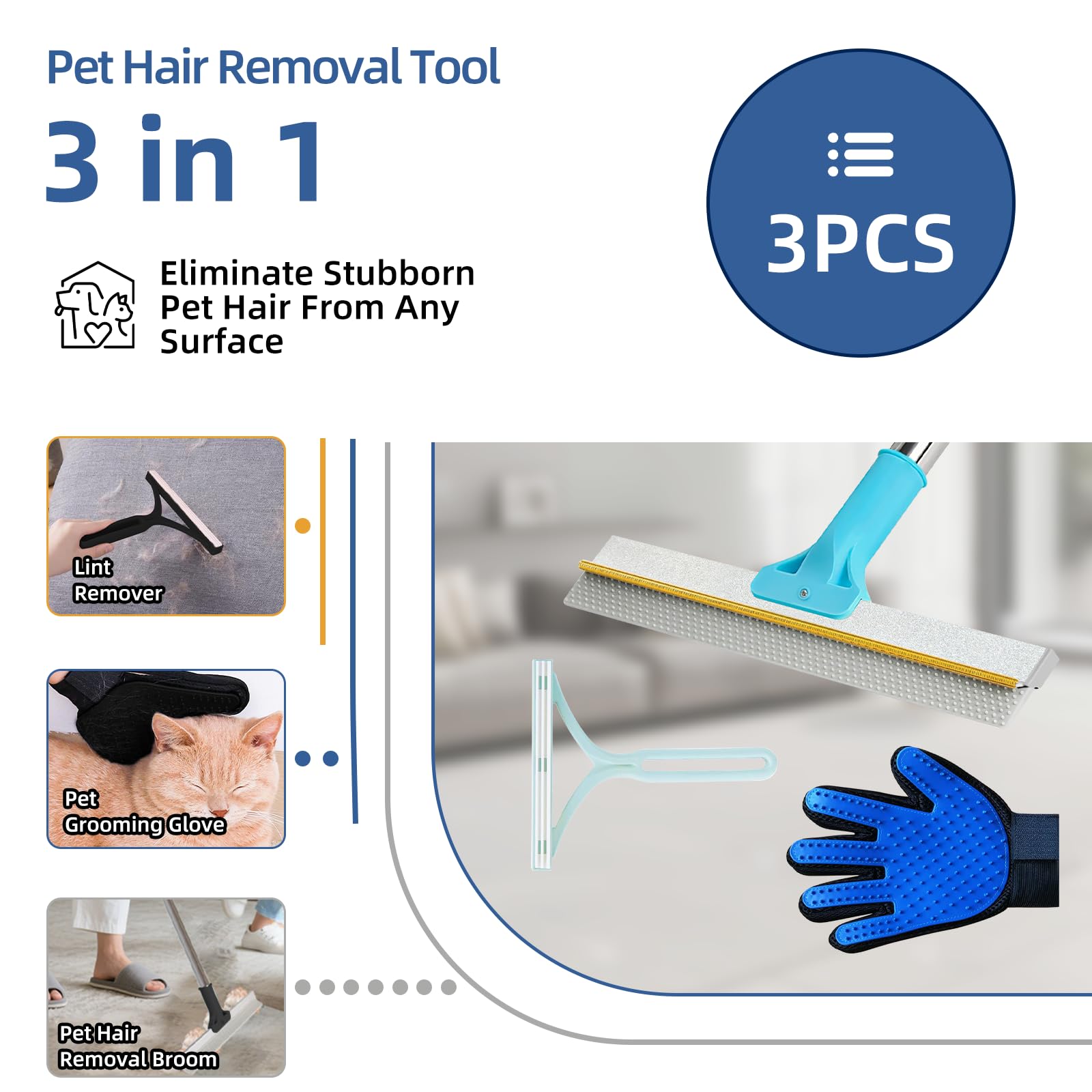 VTOPVMAX 3-piece pet hair removal kit targets stubborn fur on multiple surfaces.