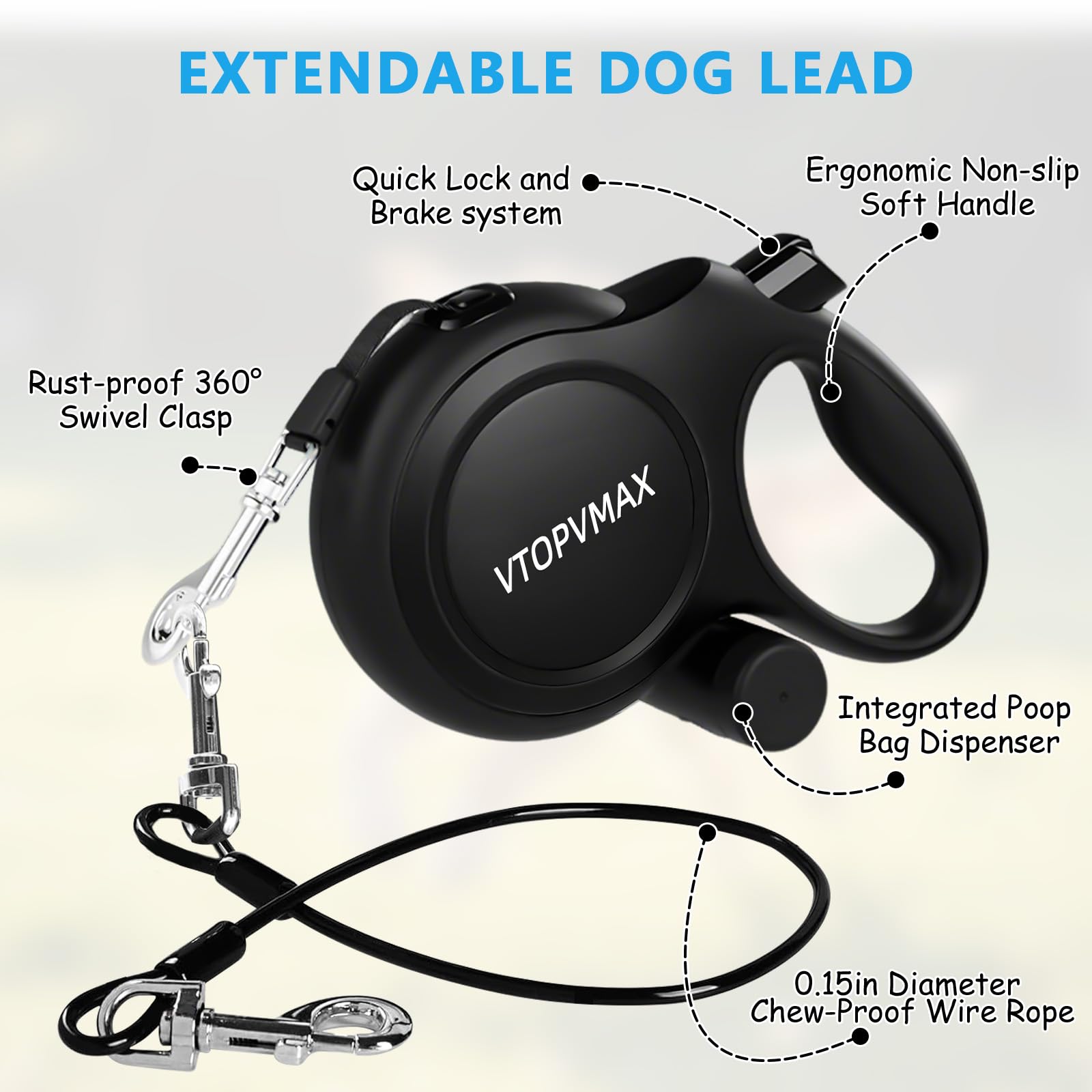 VTOPVMAX integrated poop bag holder for convenient cleanup on walks.