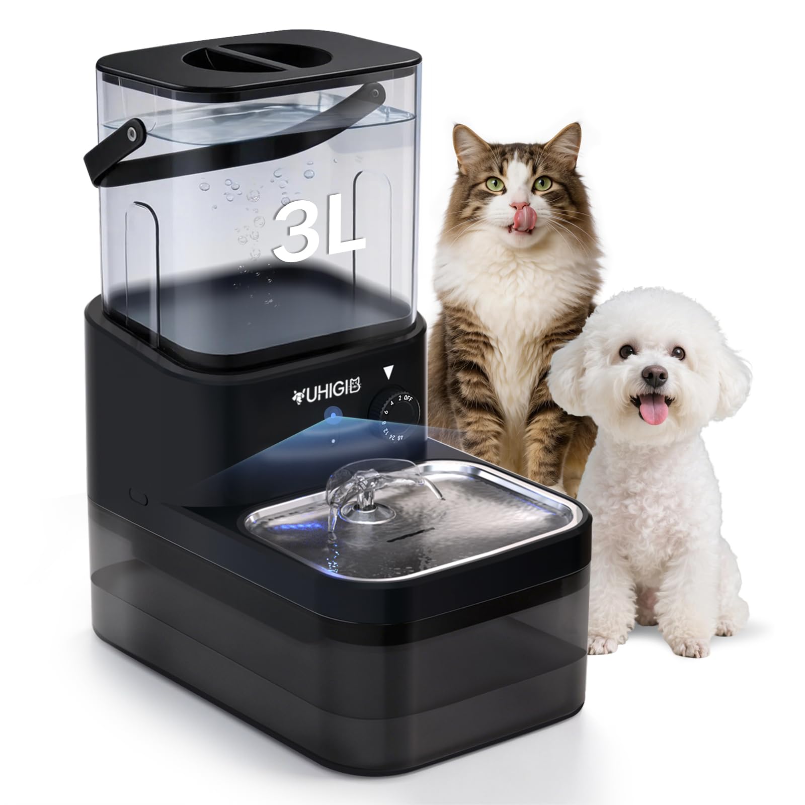 VUHIGIB wireless cat water fountain front view offers easy access to fresh water for pets.