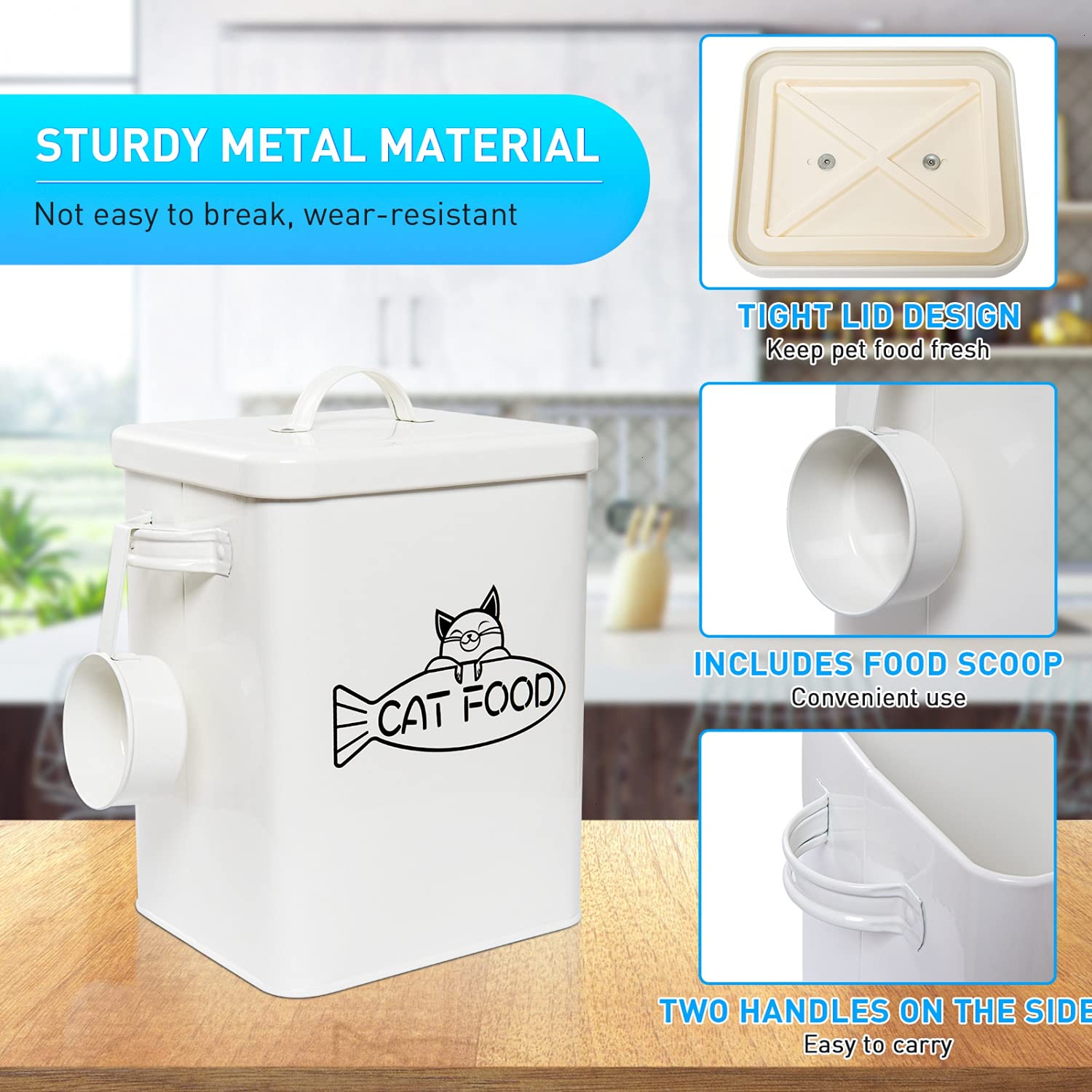 Vumdua durable galvanized steel body resists drops and pawing while storing dry food