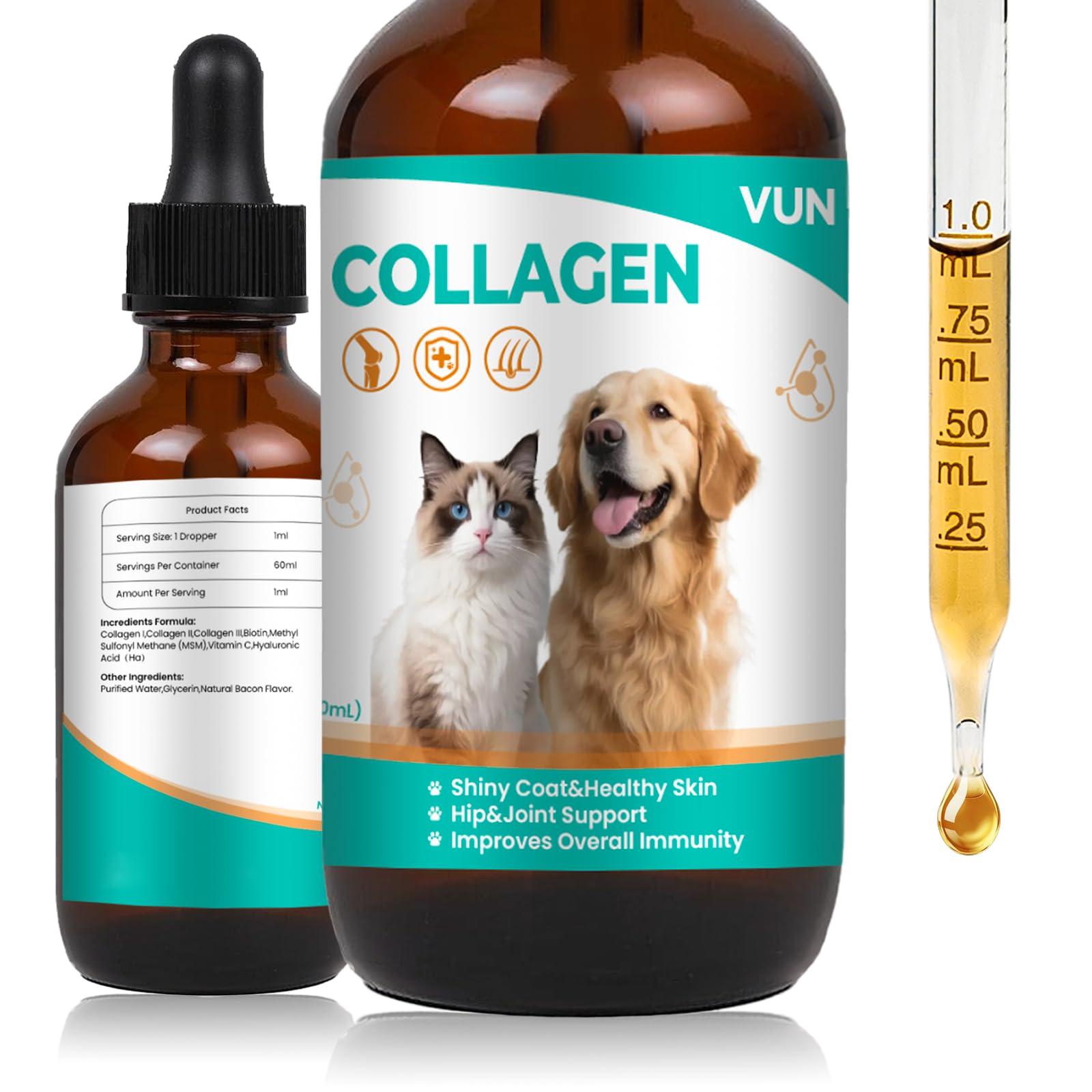 VUN Liquid Collagen Drops bottle pour supports joint comfort for pets.
