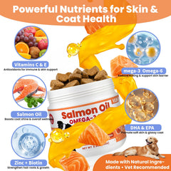 VUN Salmon Oil for Dogs chews close-up highlights tasty treats boosting skin health.