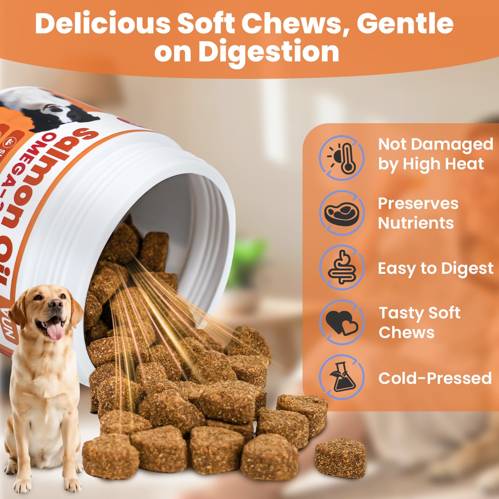 VUN Salmon Oil for Dogs nutrition label highlights vitamins and fatty acids.