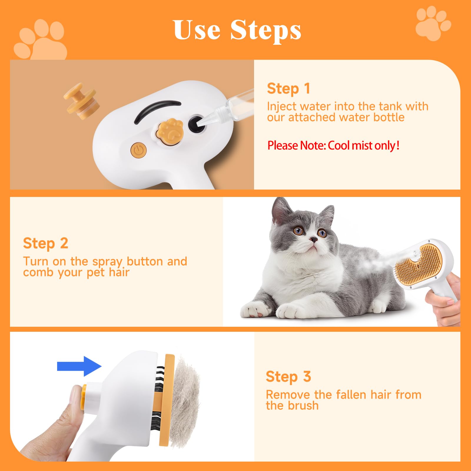 VVWVVW Pet Steam Brush easy-clean button shown for quick cleanup