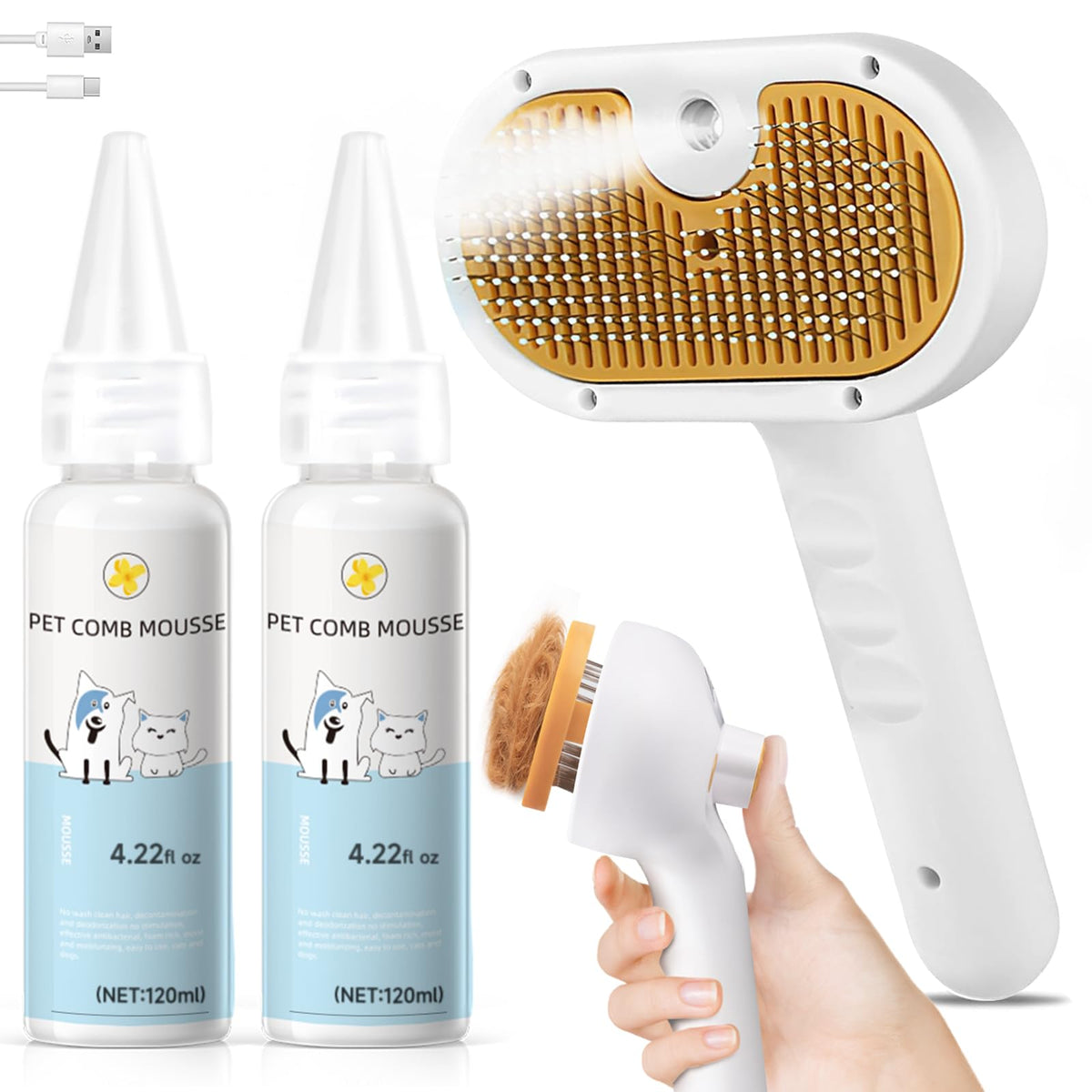 VVWVVW Pet Steam Brush front view shown as compact grooming tool for all coat lengths