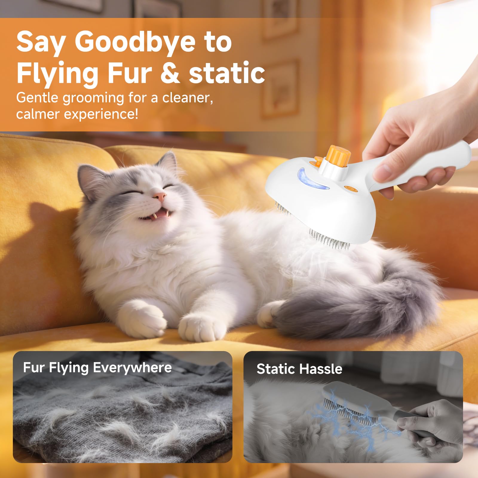 VVWVVW Pet Steam Brush side view illustrating hair removal and reduced shedding.
