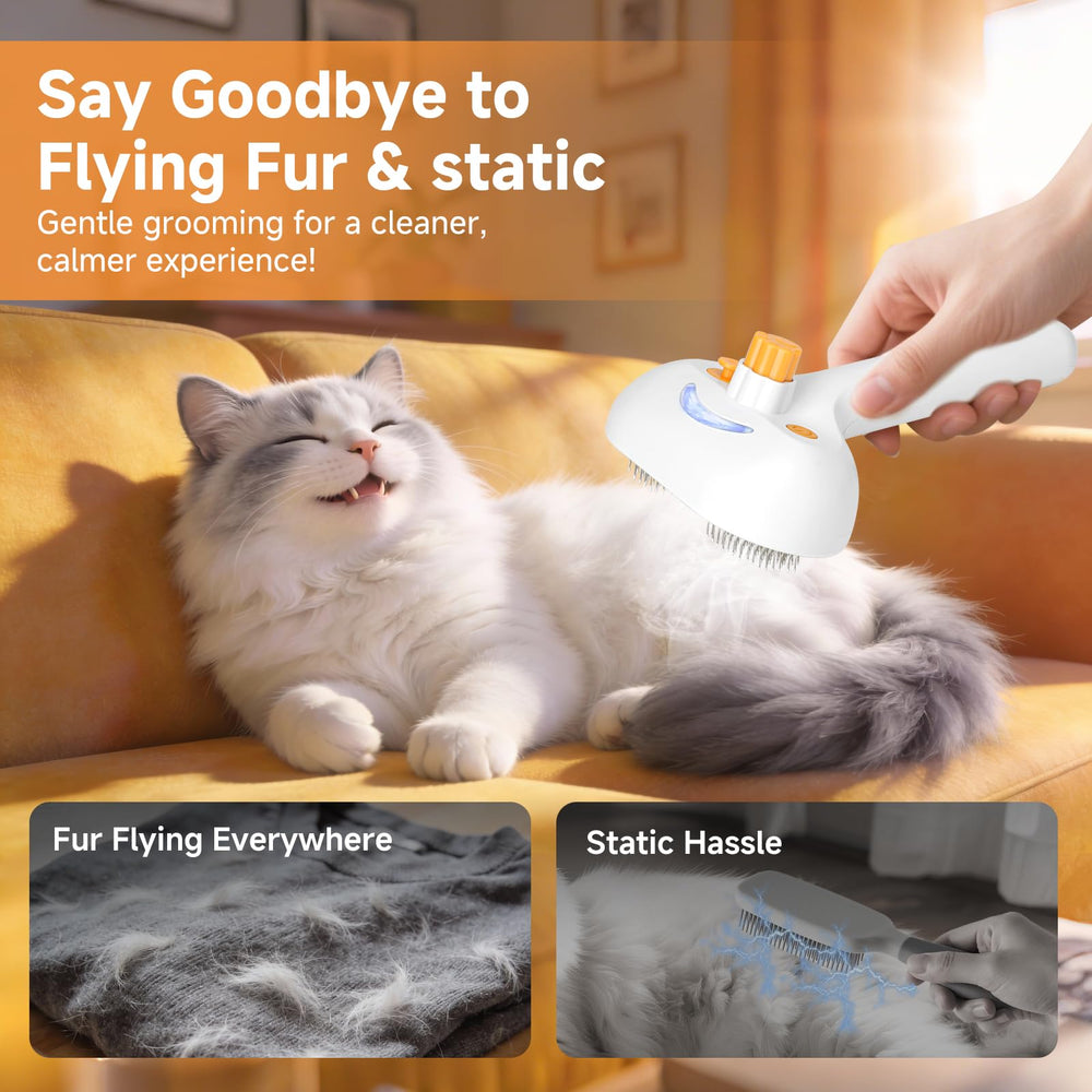 VVWVVW Pet Steam Brush side view illustrating hair removal and reduced shedding.