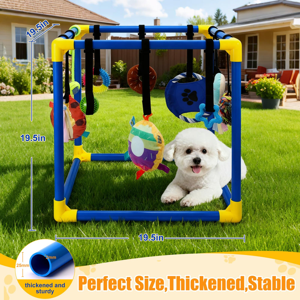 VYNALTIX Adjustable hangers on elastic straps for flexible toy setup.