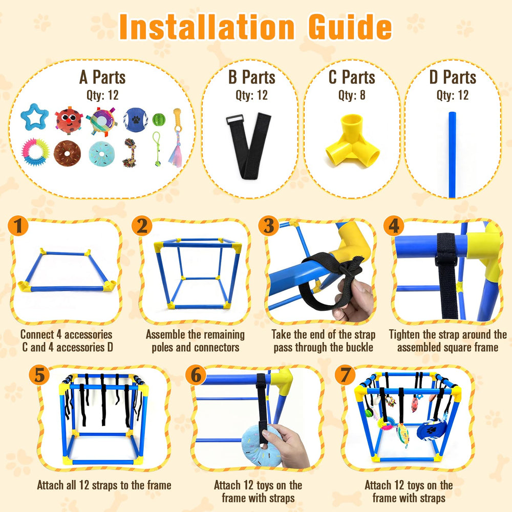 VYNALTIX Puppy Play Gym with 12 toys for sensory enrichment during playtime.