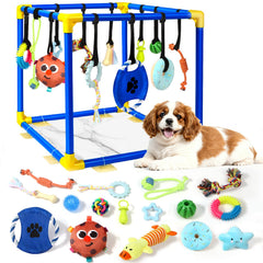 VYNALTIX Puppy Play Gym with 16 toys for indoor puppy enrichment and teething exploration