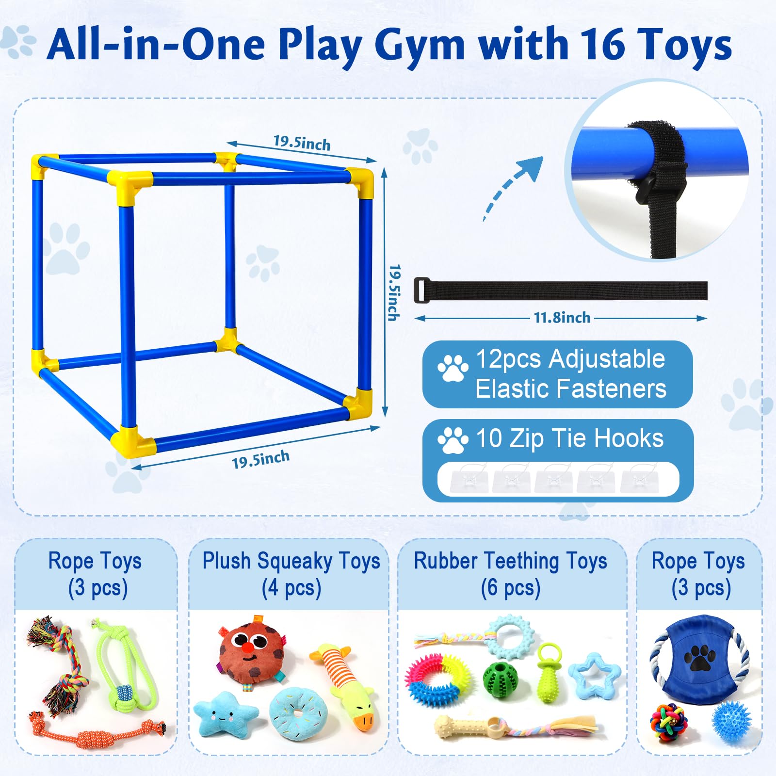 VYNALTIX Puppy Play Gym hanging toys showing adjustable setup for growing puppies