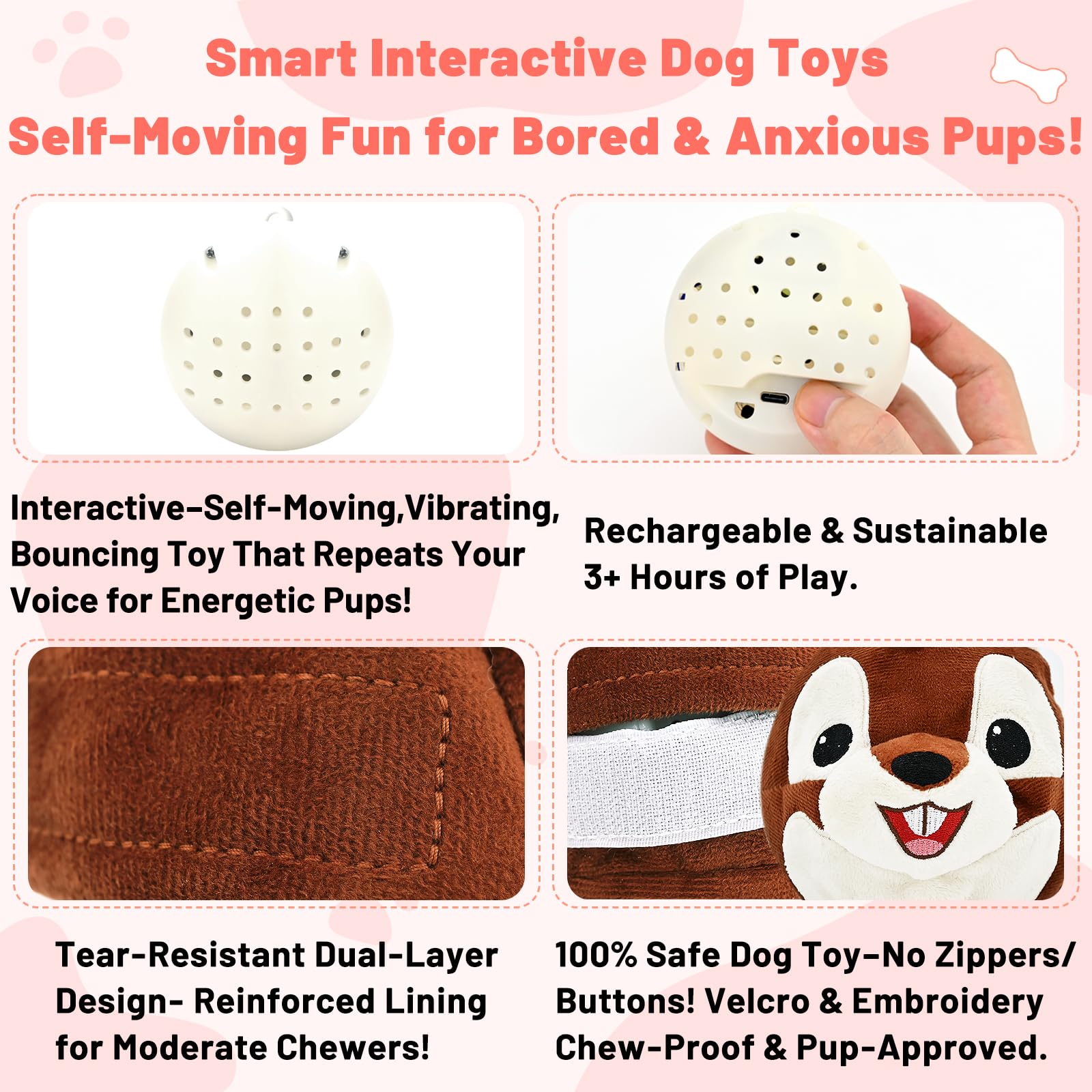 VYsTN talking squirrel dog toy with moving sound responses.