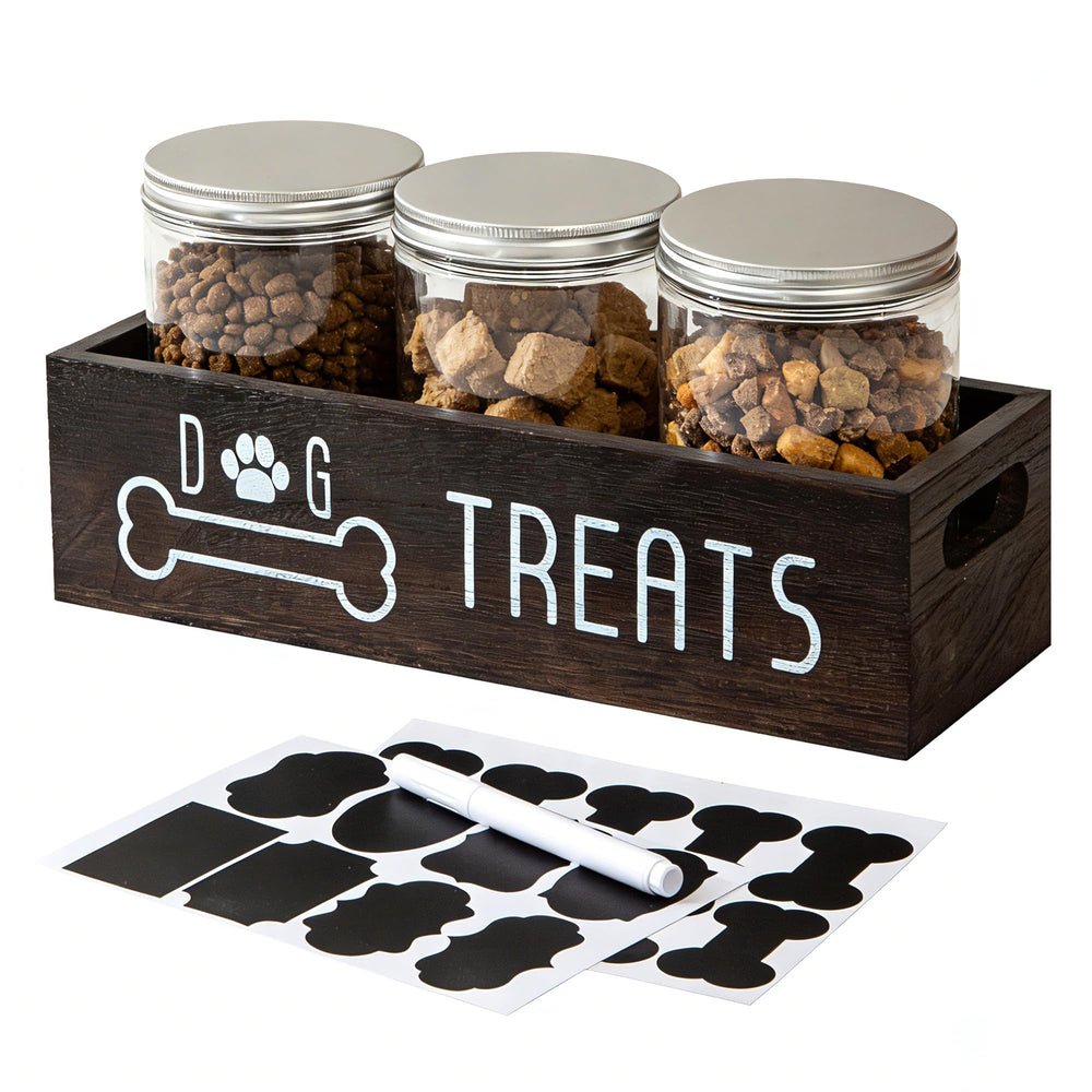 VZODESR dog treat container in wood finish keeps snacks tidy on the counter.
