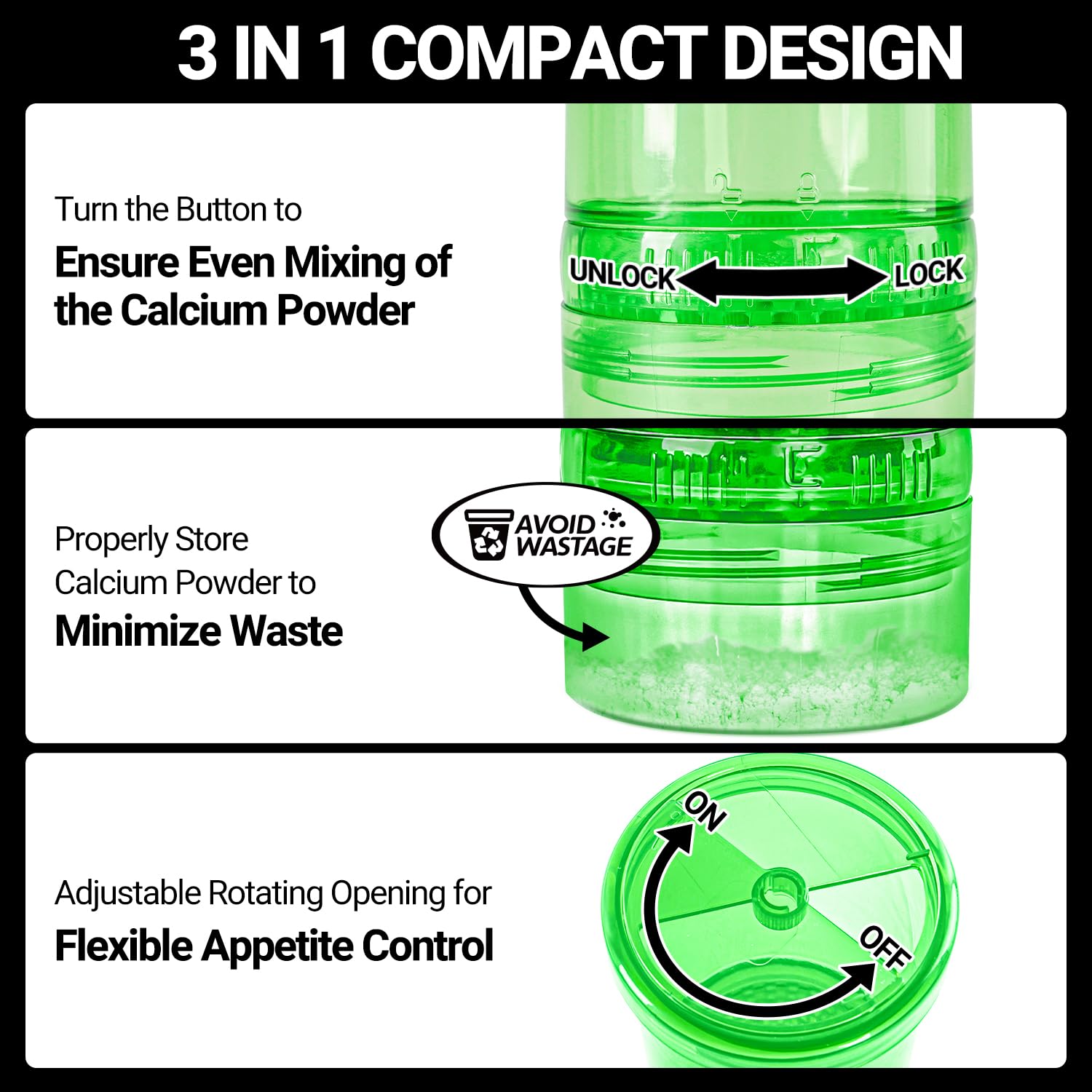 WACOOL TERRA rotating calcium storage prevents waste and keeps powder handy