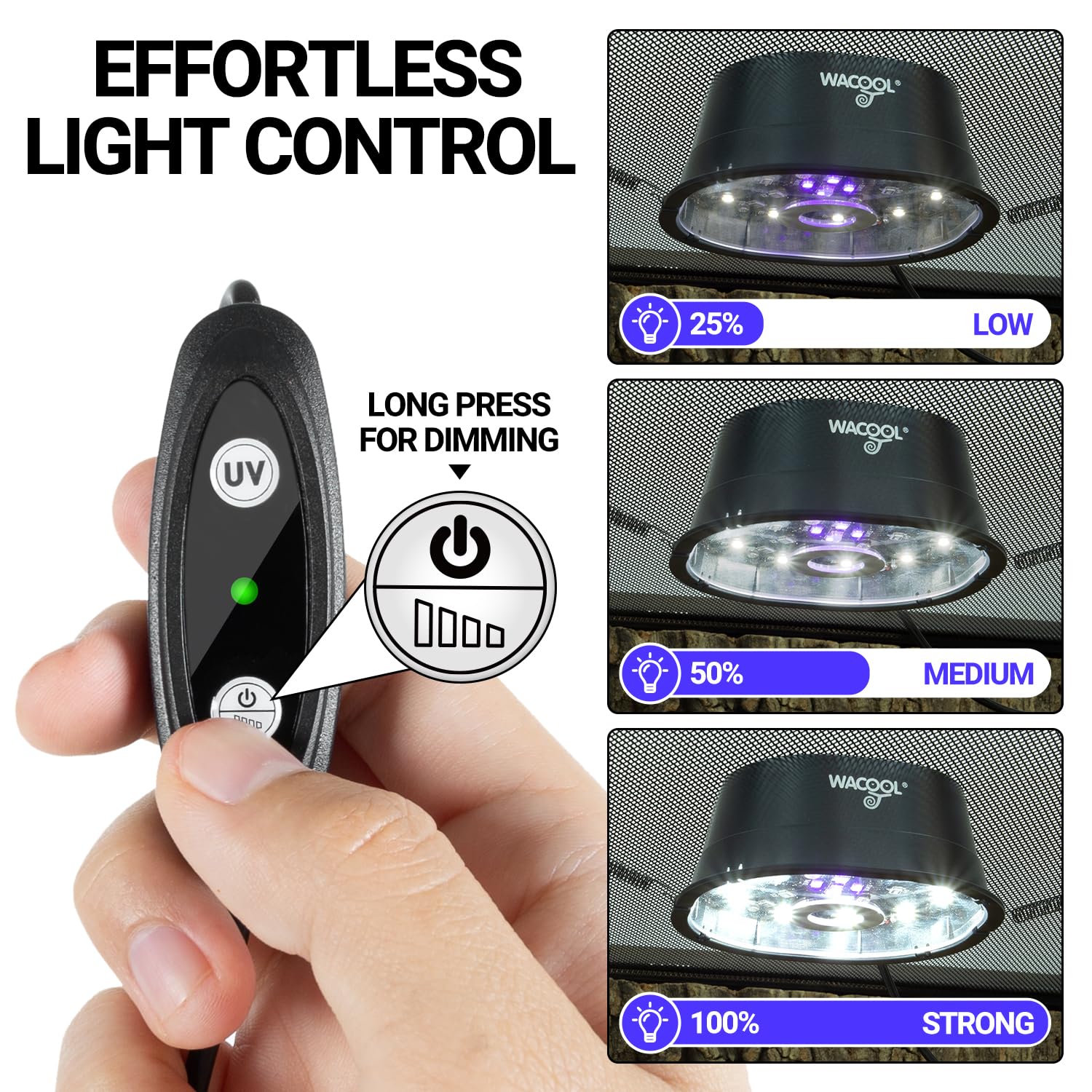 Wacool Terra UVB light offering UVB5.0 and UVB10.0 modes for different reptiles