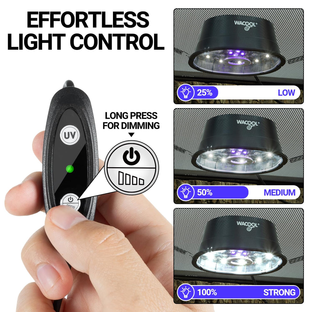 Wacool Terra UVB light offering UVB5.0 and UVB10.0 modes for different reptiles