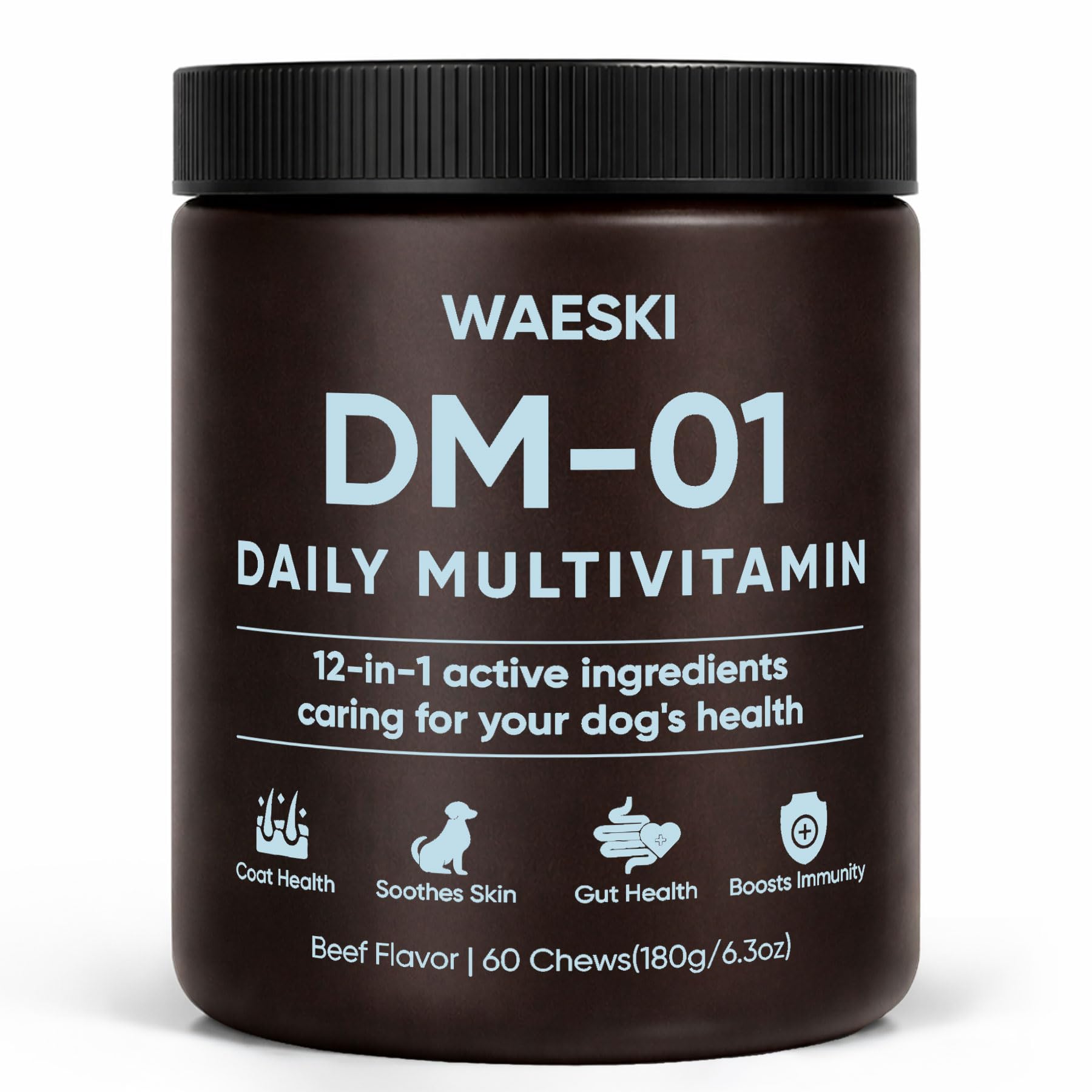 WAESKI DM-01 daily multivitamin bottle boosts dog wellness