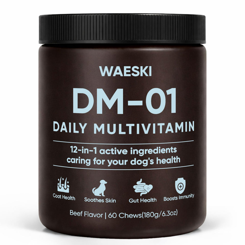 WAESKI DM-01 daily multivitamin bottle boosts dog wellness