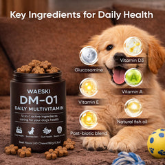 WAESKI DM-01 packaging front highlights complete daily multivitamin for dogs