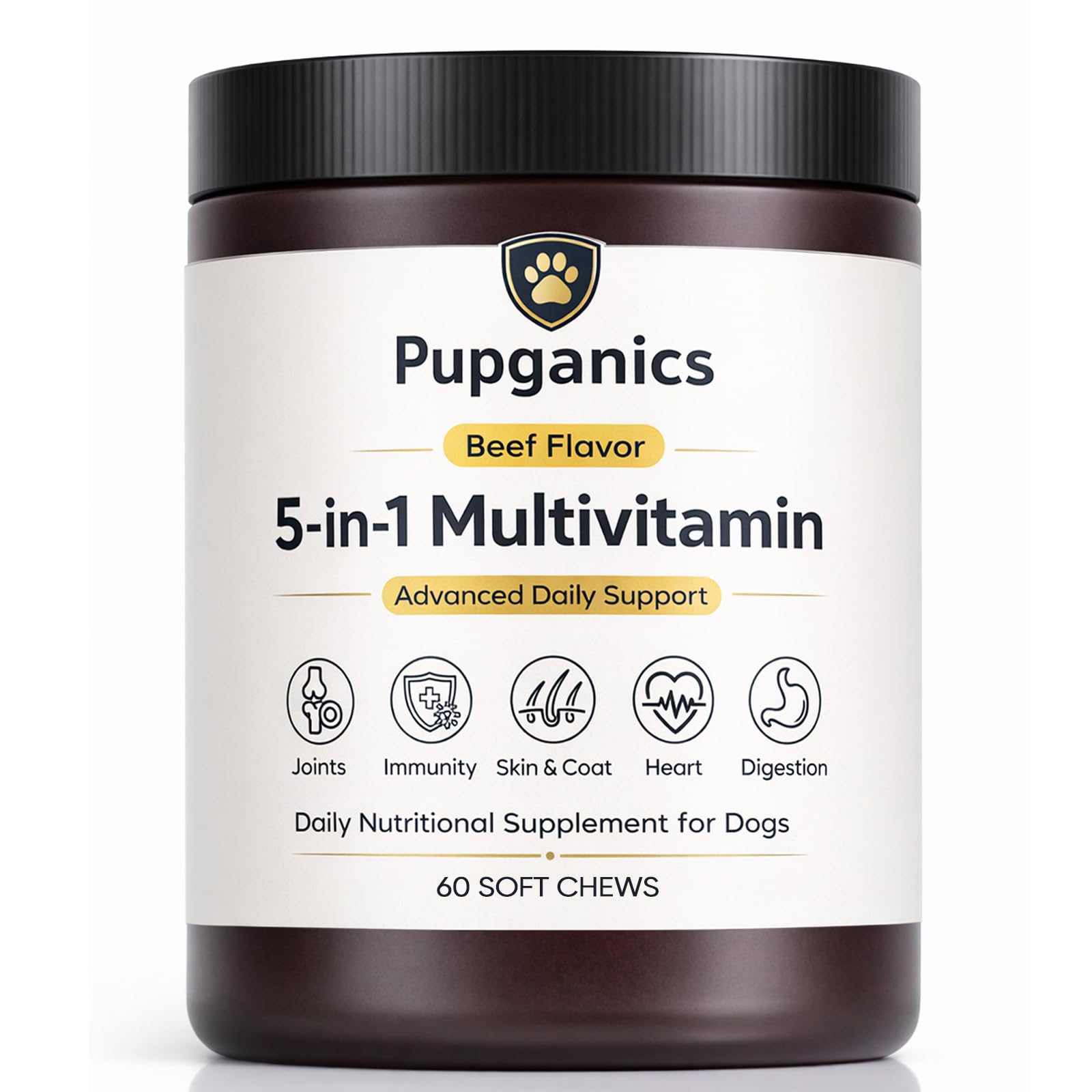 WAESKI Pupganics beef-flavor soft chews bottle pour for easy daily supplementation.