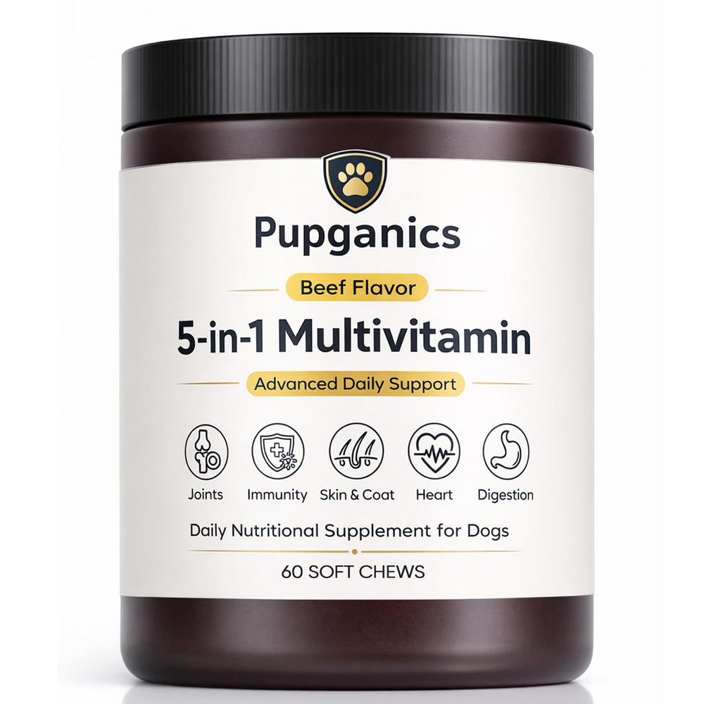WAESKI Pupganics beef-flavor soft chews bottle pour for easy daily supplementation.