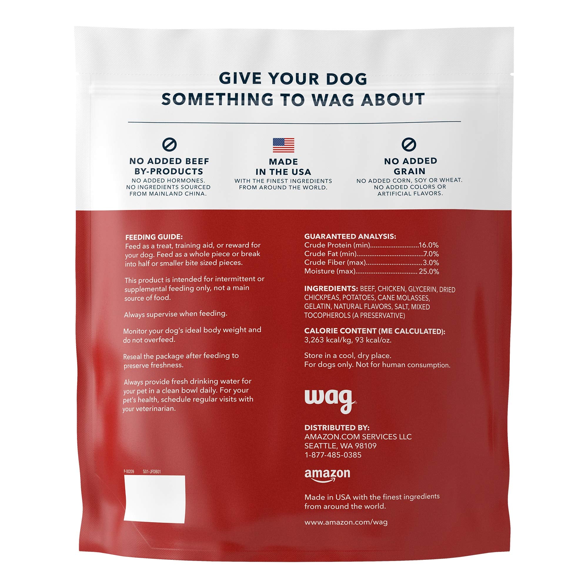 WAG beef jerky treats in a resealable bag front view.