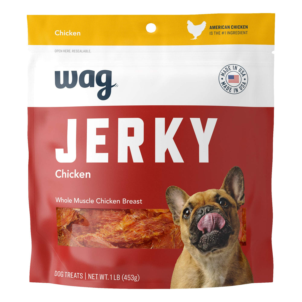 WAG chicken jerky bag with resealable pouch showing freshness.