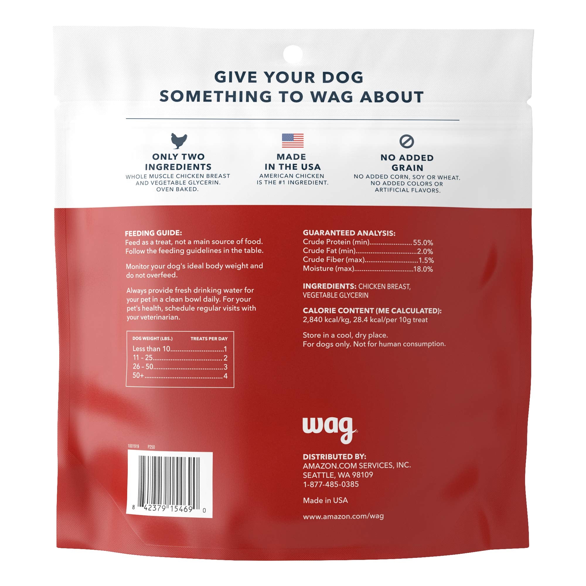 WAG chicken jerky in resealable bag on kitchen counter.