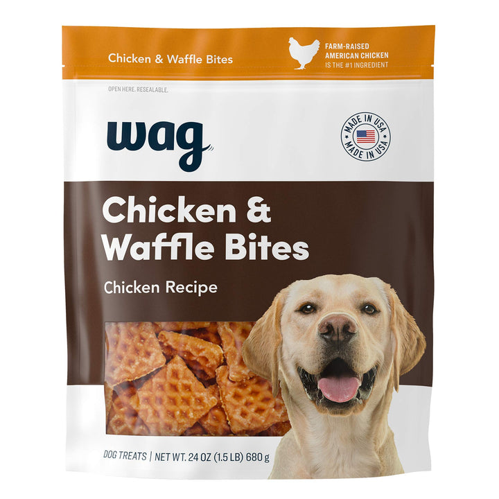 WAG chicken and waffle bites in resealable bag keep treats fresh between sessions