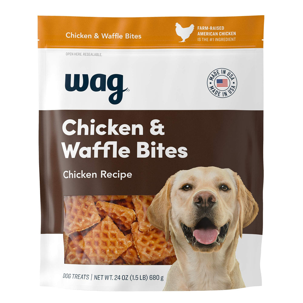 WAG chicken and waffle bites in resealable bag keep treats fresh between sessions