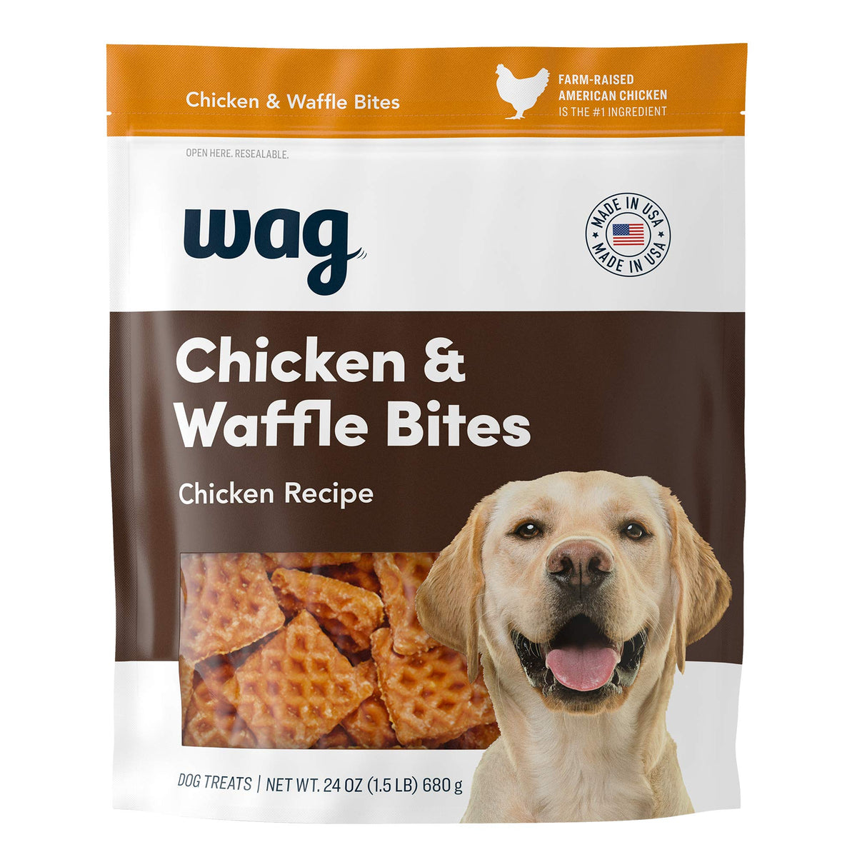 WAG chicken and waffle bites in resealable bag keep treats fresh between sessions