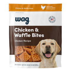 WAG chicken and waffle bites in resealable bag keep treats fresh between sessions