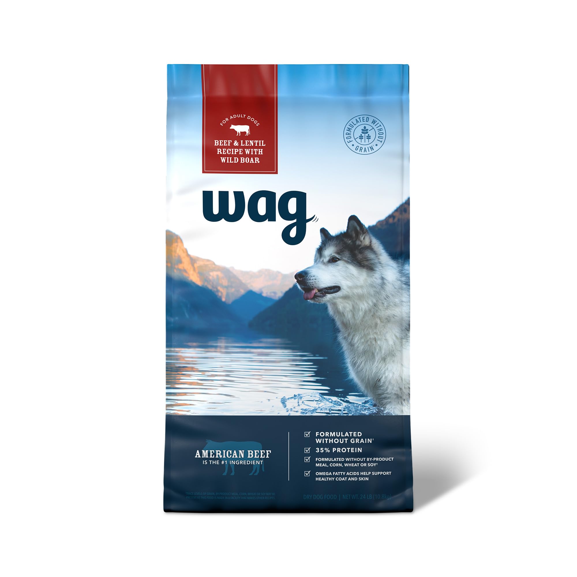 WAG beef and lentil recipe 24lb bag front view, highlighting protein-rich formula for active dogs.
