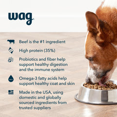WAG kibble closeup emphasizes grain-free recipe without corn or wheat.