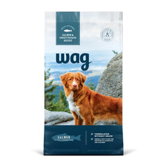 Wag Dry Dog Food Salmon & Sweet Potato front bag shows grain-free formula for active dogs