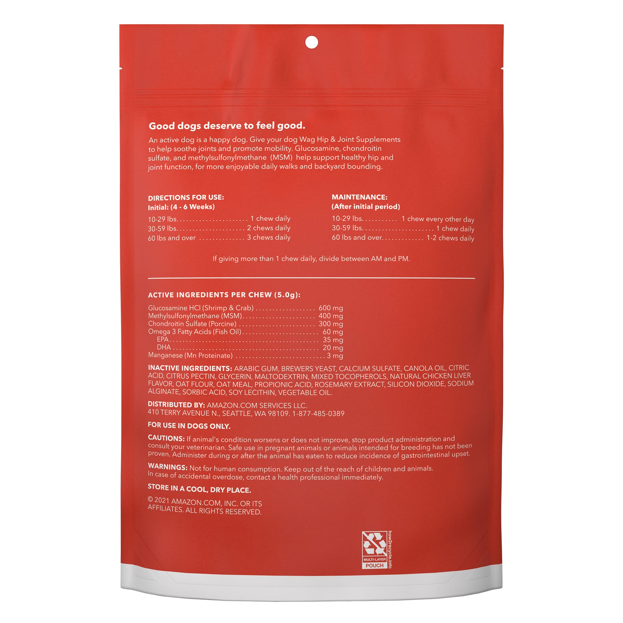 WAG Hip & Joint Soft Chews bag open shows convenient feeding packaging.