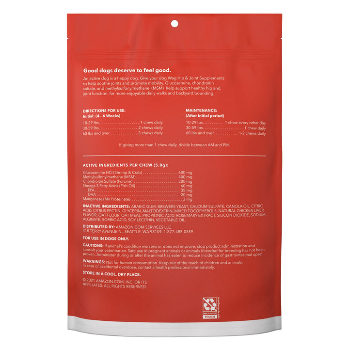 WAG Hip & Joint Soft Chews bag open shows convenient feeding packaging.