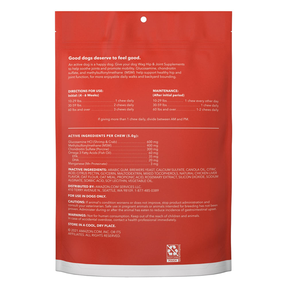 WAG Hip & Joint Soft Chews bag open shows convenient feeding packaging.
