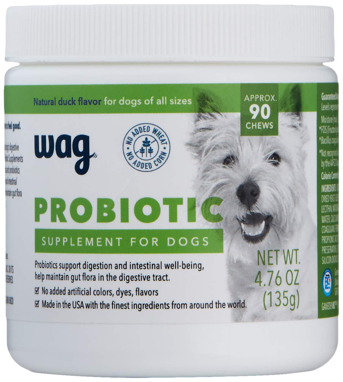 WAG Probiotic Dog Chews bottle front supports daily digestion